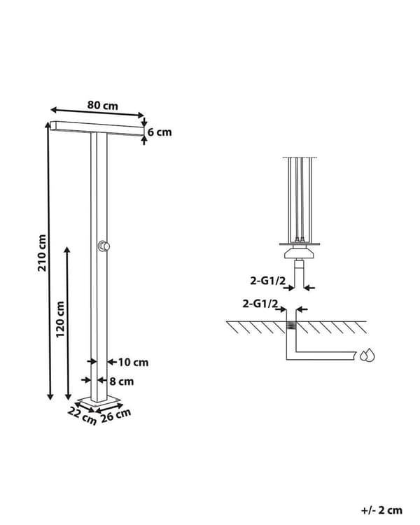 Udendørsbruser Sølvkrom Stål 210 cm Moderne Udebruser med Varmt Vand med Dobbelt Bruser T form Design Havebruser med Blandingsbatteri