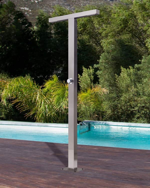 Udendørsbruser Sølvkrom Stål 210 cm Moderne Udebruser med Varmt Vand med Dobbelt Bruser T form Design Havebruser med Blandingsbatteri