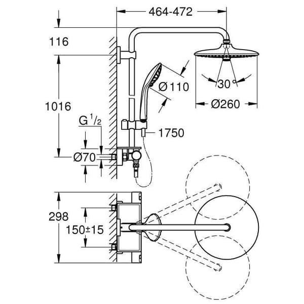 GROHE Vitalio Joy 260 termostatisk duschpelare, 50 % vatten- och energibesparing, 3-jets handdusch, 26403001
