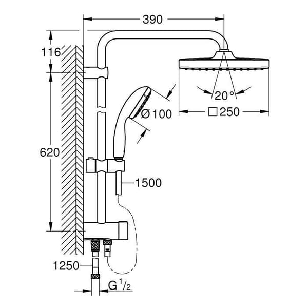 GROHE Duschpelare med manuell avledare Vitalio Start 250, 250 mm duschhuvud, 1 handdusch med jetstrålar, 26698000