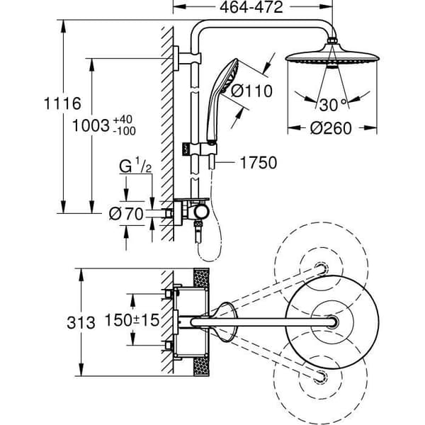 GROHE Vitalio Joy 260 termostatisk duschblandare, 260 mm takdusch, 3-jets handdusch, krom, 26403002