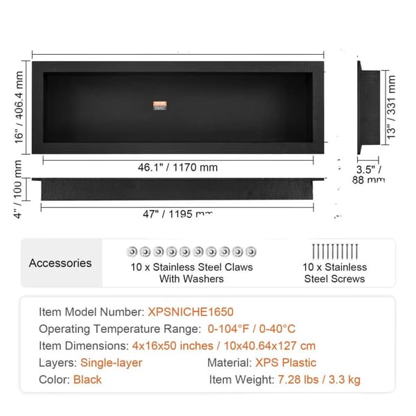 Bruse niche, 16" x 50", Holdbar XPS plastik,1Lag