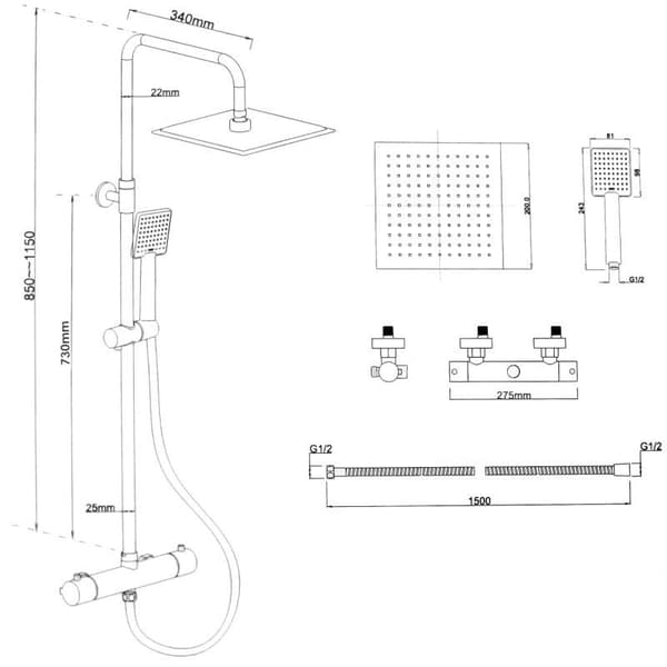 Sort Termostatisk Brusepanel med Regnbruser og Håndbruser - 20 cm