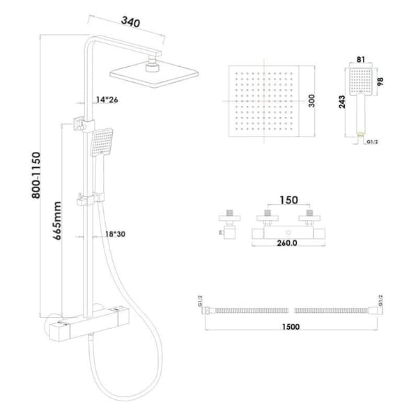 Mat Sort Termostatisk Brusepanel med Regndusche & Håndbruser - 30x30cm
