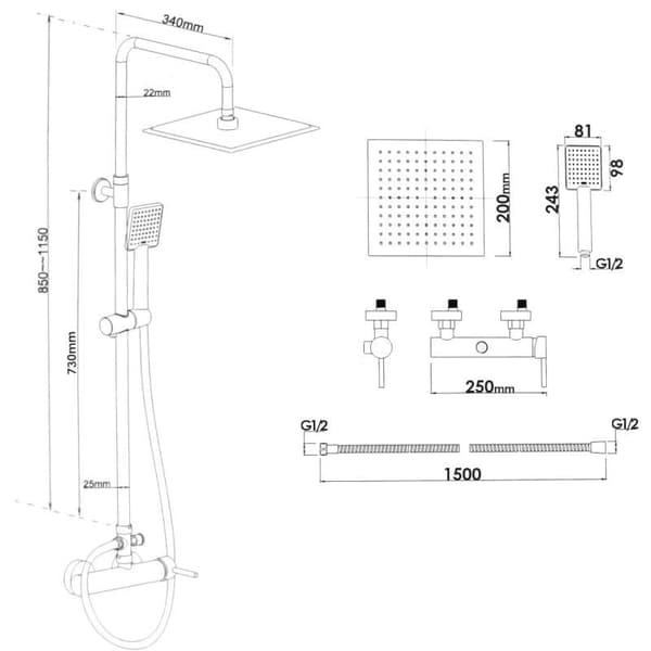 Sort mekanisk bruseblanding med 20cm regndusche & håndbruser, anti-kalk system