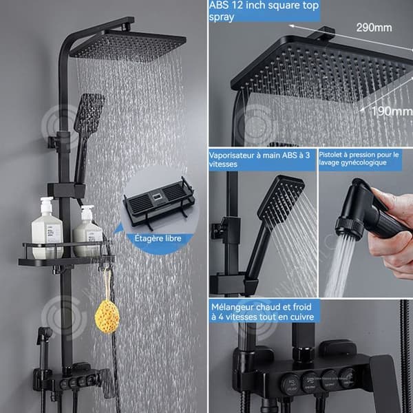 Duschpelare INN® övre spray 29x19cm med 4 sprinklerhuvuden och lyfthylla trycksättning rostfritt stål