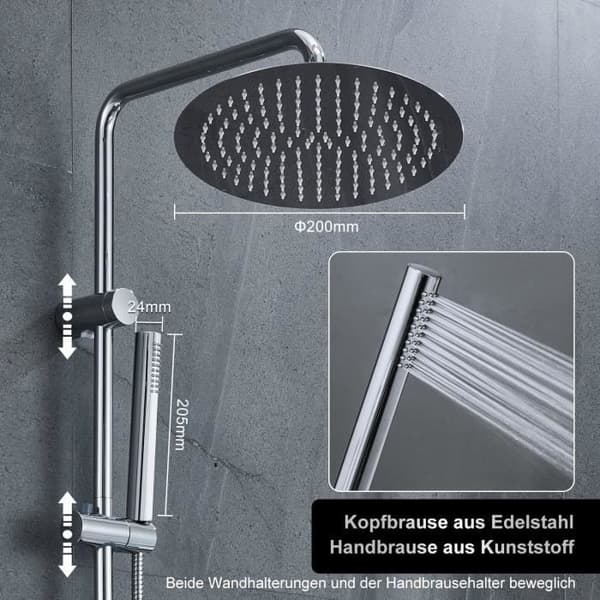 Görbach Duschsäule Mechanisch aus Edelstahl Robustes Wand-Duschset ohne Mischbatterie für Badewanne, mit Kopfbrause