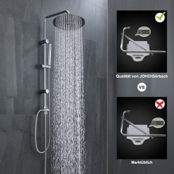 Görbach Duschsäule Mechanisch aus Edelstahl Robustes Wand-Duschset ohne Mischbatterie für Badewanne, mit Kopfbrause