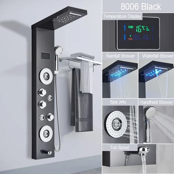 LED Lys Brusepanel, Digital Temperaturvisning, Flere Vandudløbsfunktioner,Sort Bronze B