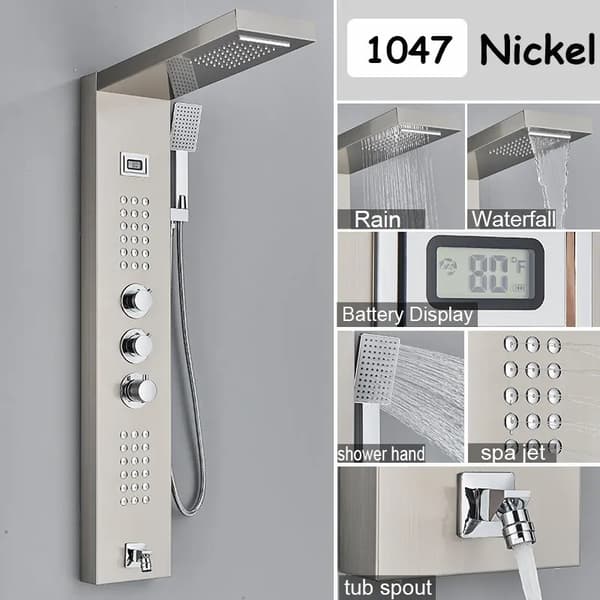 Termostatisk Bruserpanel, Digital Temperaturvisning, Dobbelt Vandkontrol,Børstet Nikkel 1047