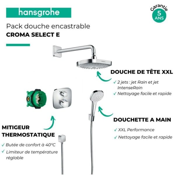 Croma Select E infällt duschpaket - HANSGROHE - Ecostat E Chrome - Design - Mässing - Enkelt hål