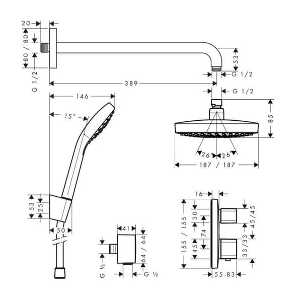Croma Select E infällt duschpaket - HANSGROHE - Ecostat E Chrome - Design - Mässing - Enkelt hål