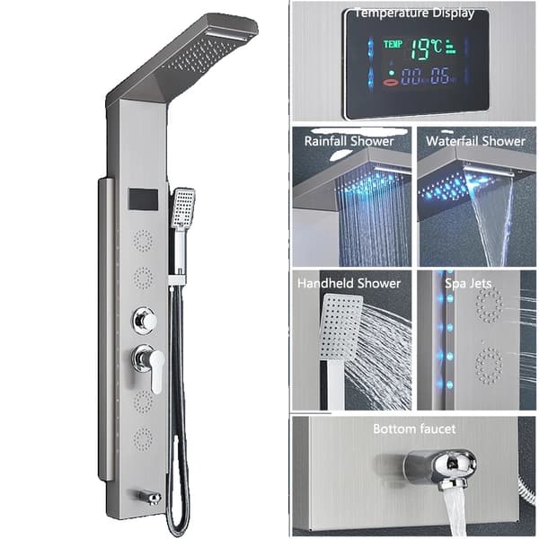 Børstet nikkel brusepanel, LED-lys funktion, SPA massagejets,8003 Børstet