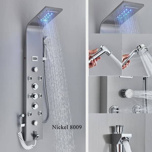 Suihkupaneeli, LED-valotoiminto, kolmoiskahvaohjaus,Harjattu 8009