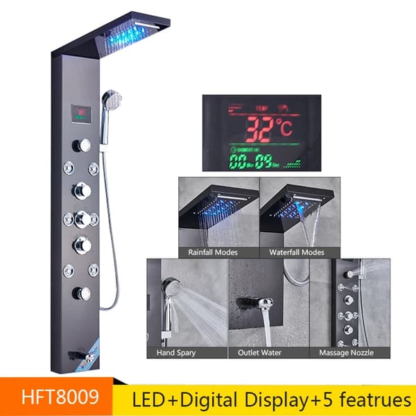 LED Bruserpanel, Termostatisk Vandhane, Justerbare Vandtilstande,Sort 8009