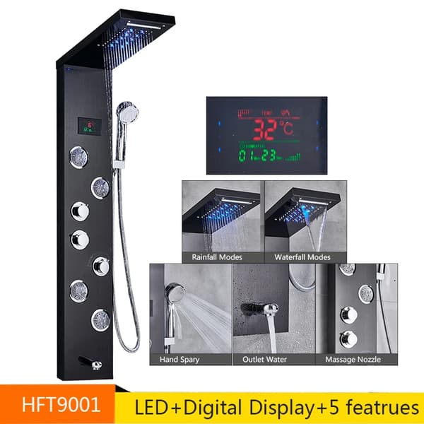 LED Bruserpanel, Termostatisk Vandhane, Justerbare Vandtilstande,Sort 9001