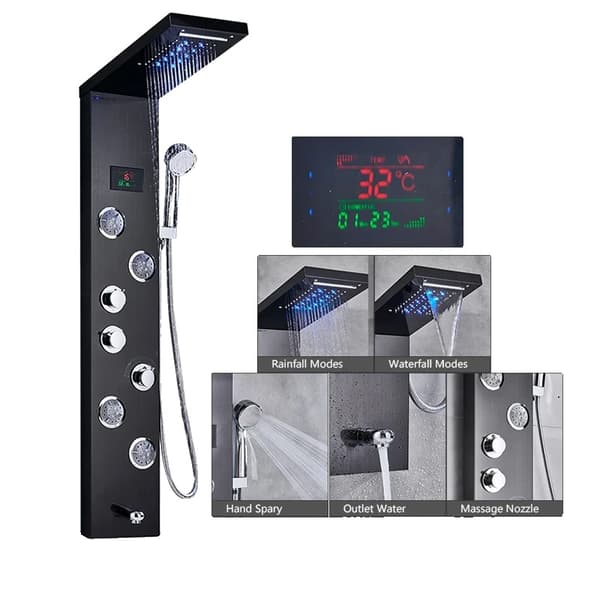 LED Bruserpanel, Termostatisk Vandhane, Justerbare Vandtilstande,Sort 9001