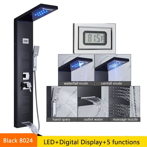LED-suihkupaneeli, termostaattihana, säädettävät vesitilat,Musta 8024