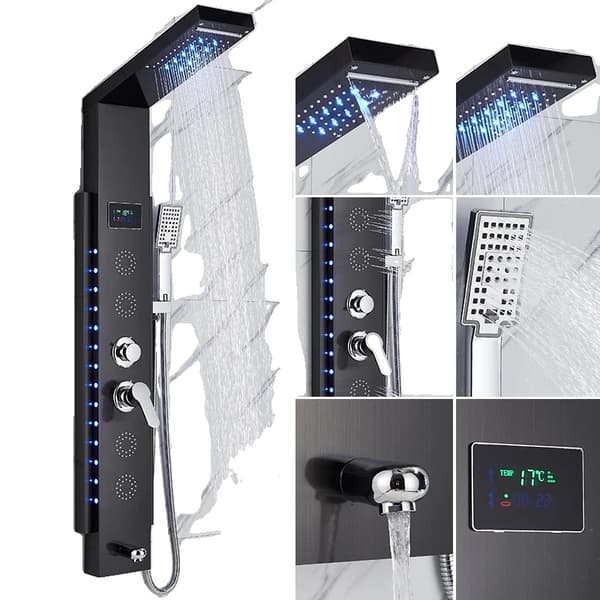 Väggmonterad duschpanel, LED-display, Enkel handtags temperaturkontroll,Svart 8003