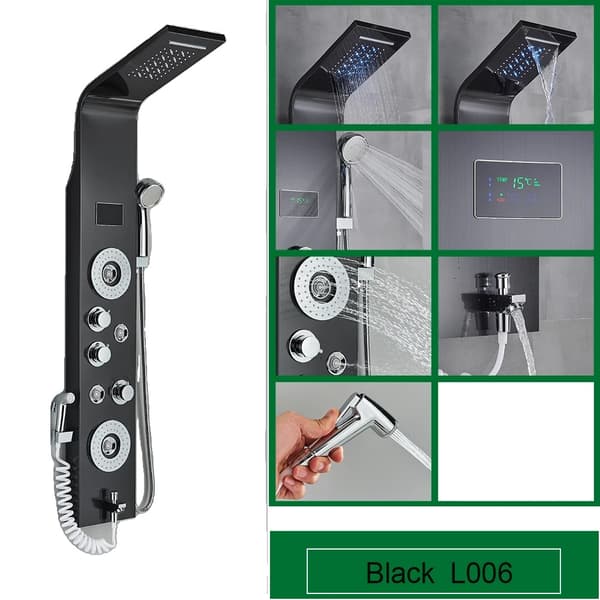 Badeværelse Brusepanel, LED Temperaturvisning, SPA Kroppsmassage Dyser,Sort 8006