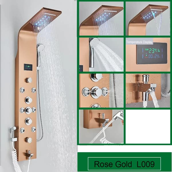 Badrum Duschpanel, LED Temperatur Display, SPA Kroppsmassage Jets,Roséguld 8009
