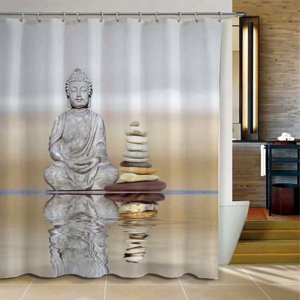 3D duschdraperi Badkar Buddhism Vattenfall Tyg+12 krokar 180*180cm