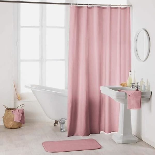 Vanligt polyester duschdraperi med krokar - L 200 x B 180 cm - Rosa 200 cm