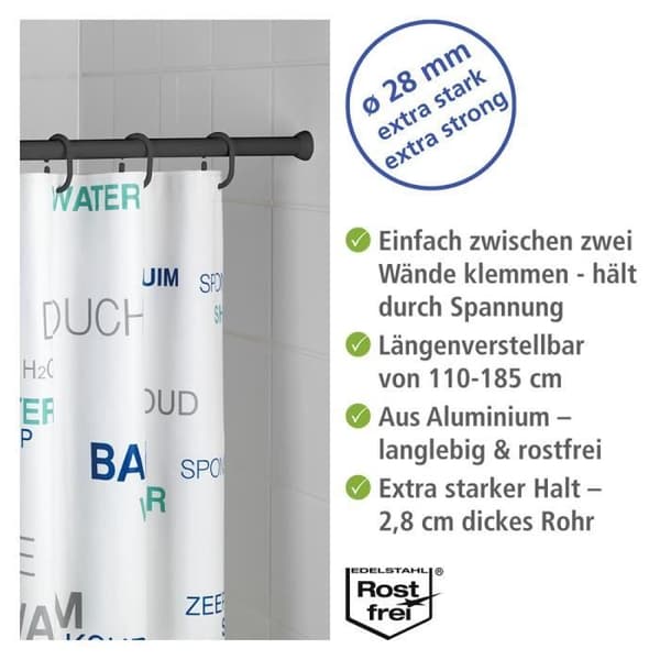 Utdragbar duschstång - WENKO - Aluminium - Svart - 110-185 cm - Fastsättning utan borrning