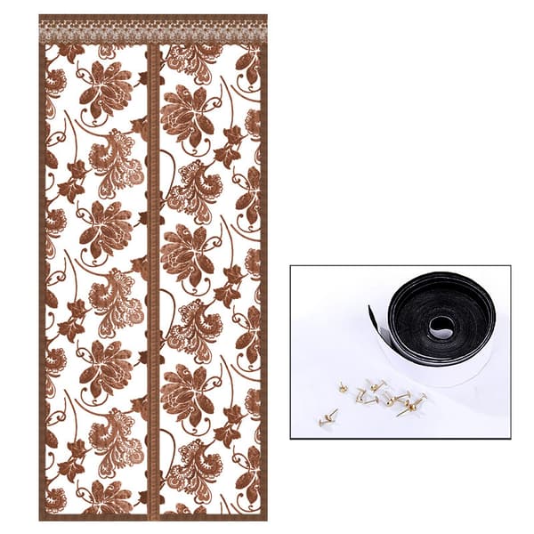 INF Magneettinen hyttysoviverho, kirjailtu pioni, kahvinruskea, 80 cm x 210 cm