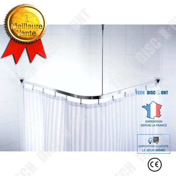 TD® Duschgardinstång med skjutbar hörn + krokar 90 x 90 x 90 cm - polerad aluminium / kraftiga / glidkrokar