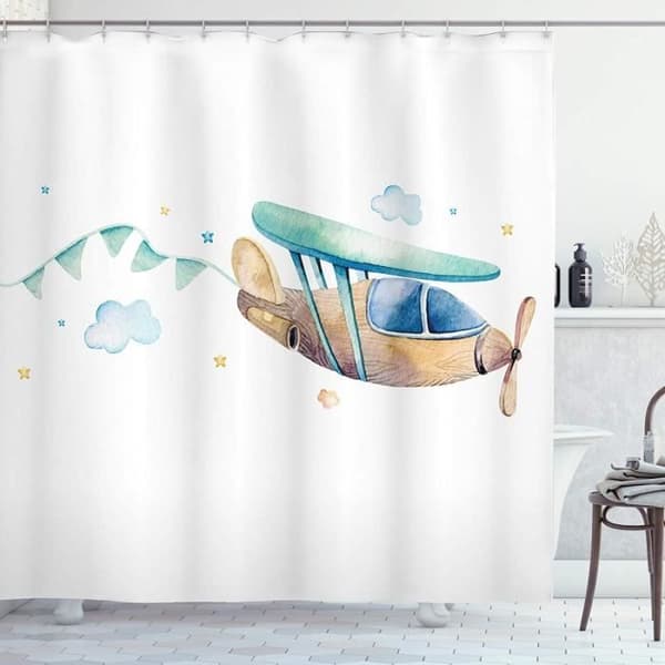 Färd Ridå av Dusch, Barnkammare Flygplan Moln Stjärnor, Tyg Badrumsinredning med Krok 180x180cm[3464]