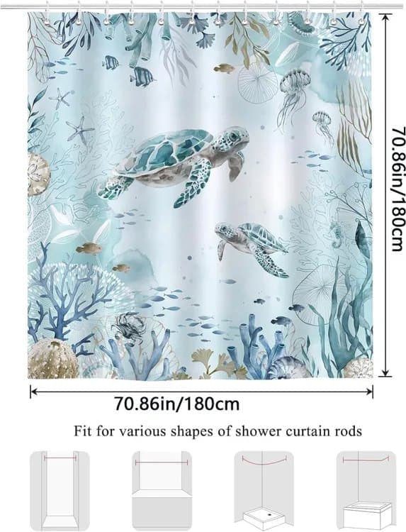 Bruseforhæng/vandtæt badeforhæng til badeværelse 180x180/200 cm - vandtæt, skimmelbestandig, havskildpadde og delfinmotiv