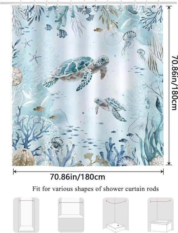 Bruseforhæng/vandtæt badeforhæng til badeværelse 180x180/200 cm - vandtæt, skimmelbestandig, havskildpadde og delfinmotiv