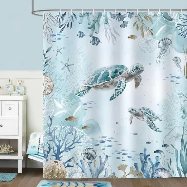 Bruseforhæng/vandtæt badeforhæng til badeværelse 180x180/200 cm - vandtæt, skimmelbestandig, havskildpadde og delfinmotiv