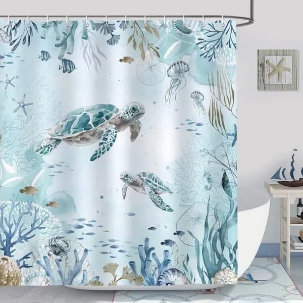 Bruseforhæng/vandtæt badeforhæng til badeværelse 180x180/200 cm - vandtæt, skimmelbestandig, havskildpadde og delfinmotiv