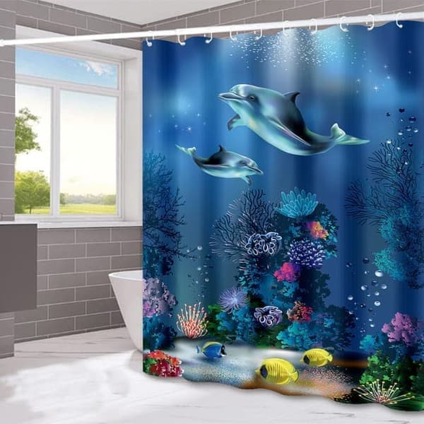 Bruseforhæng/vandtæt badeforhæng til badeværelse 180x180/200 cm - vandtæt, skimmelbestandig, havskildpadde og delfinmotiv