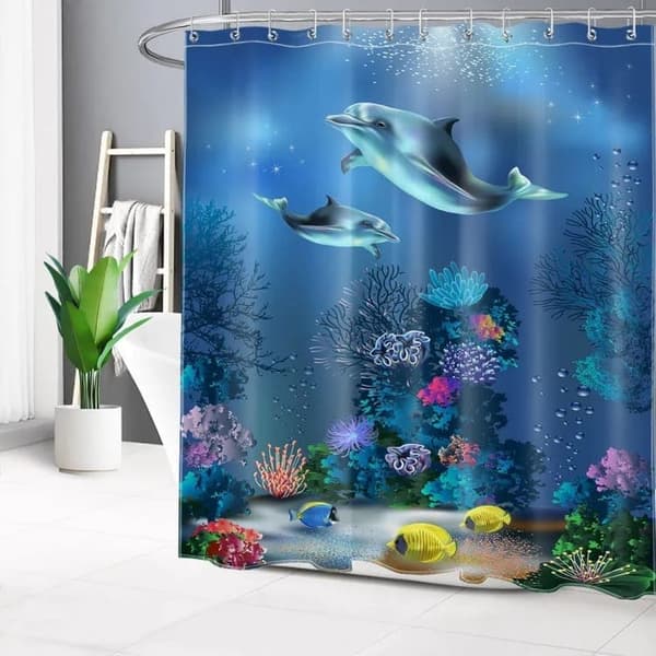 Bruseforhæng/vandtæt badeforhæng til badeværelse 180x180/200 cm - vandtæt, skimmelbestandig, havskildpadde og delfinmotiv