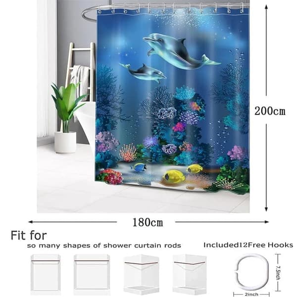 Bruseforhæng/vandtæt badeforhæng til badeværelse 180x180/200 cm - vandtæt, skimmelbestandig, havskildpadde og delfinmotiv