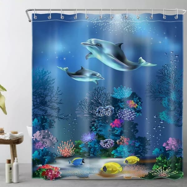 Bruseforhæng/vandtæt badeforhæng til badeværelse 180x180/200 cm - vandtæt, skimmelbestandig, havskildpadde og delfinmotiv