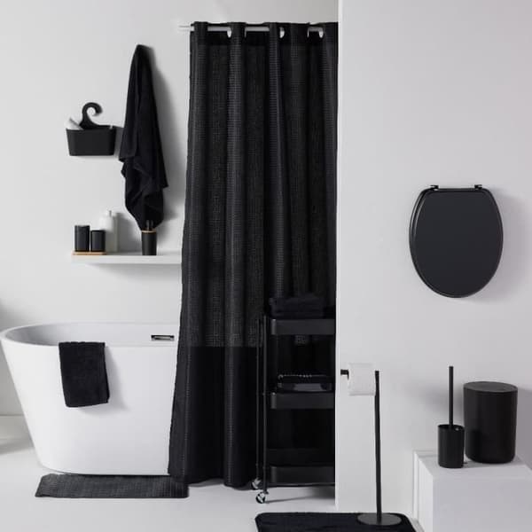 Vattentät duschdraperi med våffelmönster - Svart - Polyester - 180 x 200 cm - 12 krokar - UTILITY - TODAY