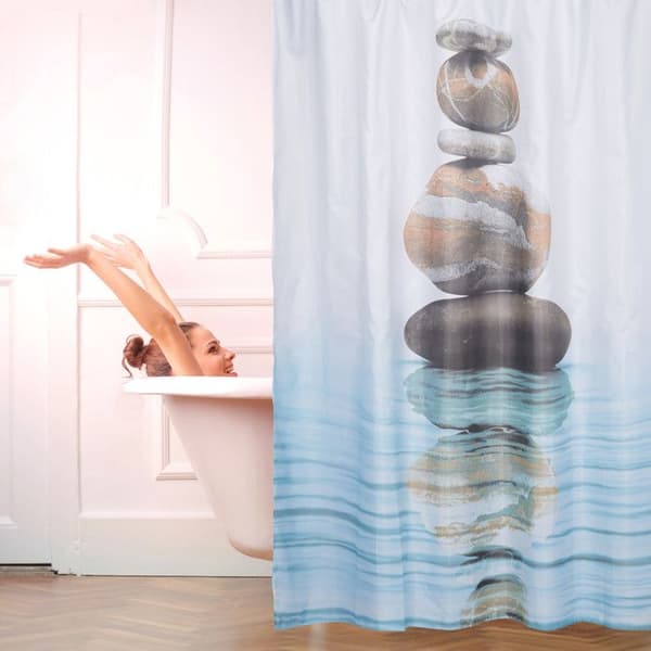 Relaxdays Duschdraperi 180 x 180 cm badrumsmotiv Stenar Zen mögelresistent, blå