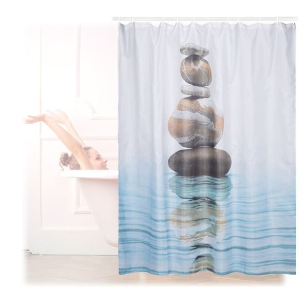 Relaxdays Duschdraperi 180 x 180 cm badrumsmotiv Stenar Zen mögelresistent, blå