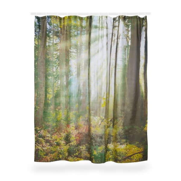 Relaxdays Duschdraperi 180 x 180 cm badrum naturmotiv trä träd mögelresistent, grön