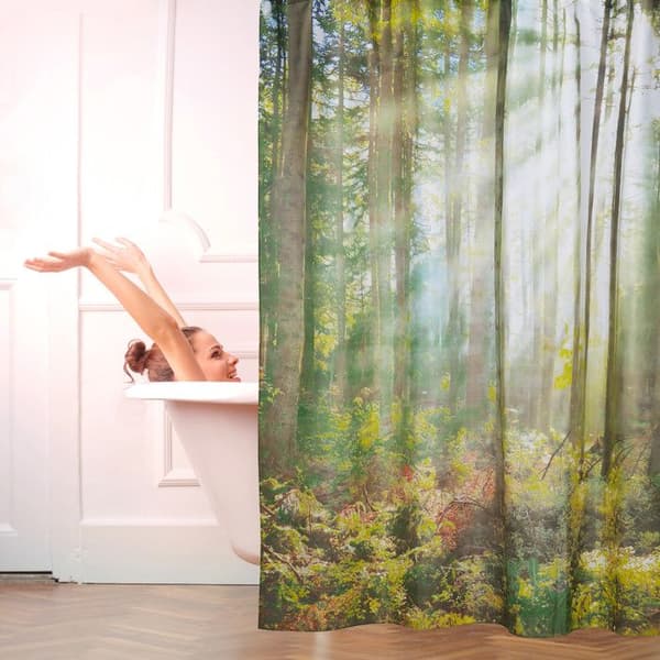 Relaxdays Duschdraperi 180 x 180 cm badrum naturmotiv trä träd mögelresistent, grön