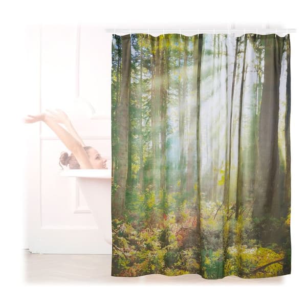 Relaxdays Duschdraperi 180 x 180 cm badrum naturmotiv trä träd mögelresistent, grön
