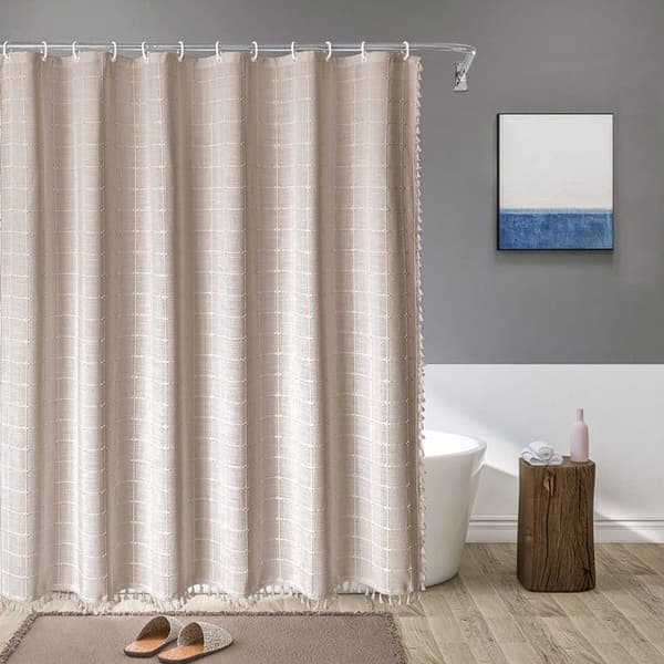OBOSOE Duschdraperi med Tofs – Rutigt duschdraperi för badrum eller rumsavdelare, elegant och hemvänlig design
