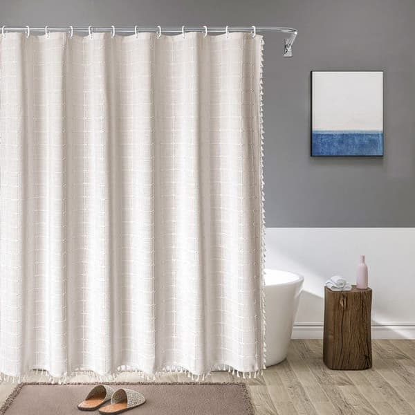 OBOSOE Duschdraperi med Tofs – Rutigt duschdraperi för badrum eller rumsavdelare, elegant och hemvänlig design
