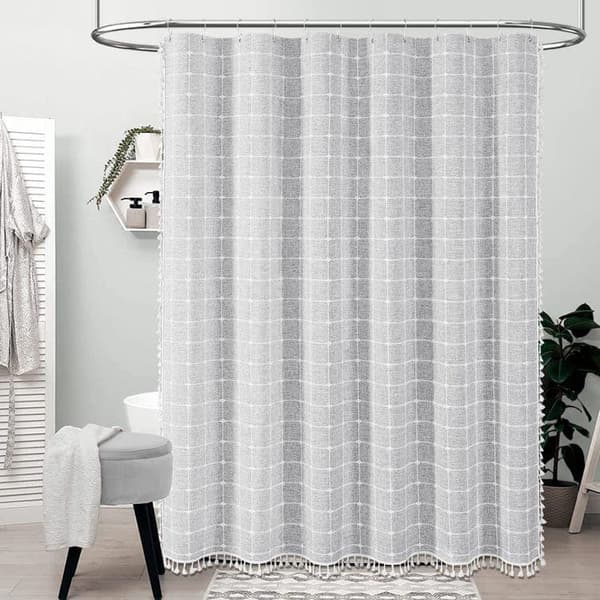 OBOSOE Duschdraperi med Tofs – Rutigt duschdraperi för badrum eller rumsavdelare, elegant och hemvänlig design