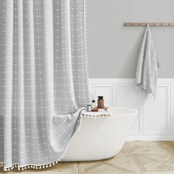 OBOSOE Duschdraperi med Tofs – Rutigt duschdraperi för badrum eller rumsavdelare, elegant och hemvänlig design Grå 150x180cm