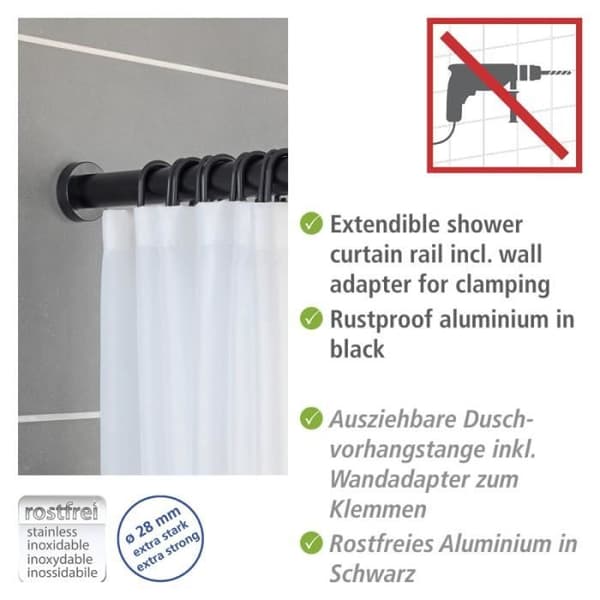 Duschstänger och duschdraperier - Wenko - Utsträckbar duschstång i rostfritt aluminium "Luz" - Svart - L från 70 till 115 cm
